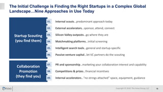 The Initial Challenge is Finding the Right Startups in a Complex Global
Landscape…Nine Approaches in Use Today
16Copyright © 2018 The Inovo Group, LLC
Startup Scouting
(you find them)
Collaboration
Promotion
(they find you)
Internal scouts…predominant approach today
External accelerators…sponsor, attend, connect
Silicon Valley outposts…go where they are
Matchmaking platforms…initial screening
Intelligent search tools…general and startup-specific
02.
03.
04.
05.
01.
06. Passive venture capital…let VC partners do the scouting
PR and sponsorship…marketing your collaboration interest and capability
Competitions & prizes…financial incentives
07.
08.
09. Internal accelerators…”no strings attached” space, equipment, guidance
 