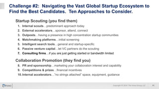 Challenge #2: Navigating the Vast Global Startup Ecosystem to
Find the Best Candidates. Ten Approaches to Consider.
11
Startup Scouting (you find them)
1. Internal scouts…predominant approach today
2. External accelerators…sponsor, attend, connect
3. Outposts…having a presence in high concentration startup communities
4. Matchmaking platforms…initial screening
5. Intelligent search tools…general and startup-specific
6. Passive venture capital…let VC partners do the scouting
7. Consulting firms…if you are just getting started or bandwidth limited
Collaboration Promotion (they find you)
8. PR and sponsorship…marketing your collaboration interest and capability
9. Competitions & prizes…financial incentives
10.Internal accelerators…”no strings attached” space, equipment, guidance
Copyright © 2019 The Inovo Group, LLC
 