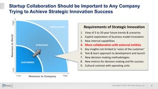 Startup Collaboration Should be Important to Any Company
Trying to Achieve Strategic Innovation Success
7Copyright © 2019 The Inovo Group, LLC
Low HighNewness to Company
SUSTAINING
STRATEGIC
LowHighNewnesstoWorld
1. View of 5 to 20-year future trends & scenarios
2. Explicit exploration of business model innovation
3. New internal capabilities
4. More collaboration with external entities
5. Key insights not limited to ‘voice of the customer’
6. Test & learn approach to development and launch
7. New decision-making methodologies
8. New metrics for decision-making and for success
9. Cultural contrast with operating units
Requirements of Strategic InnovationSPECULATIVE
 