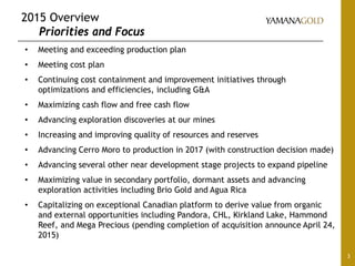 2015 Overview
Priorities and Focus
3
• Meeting and exceeding production plan
• Meeting cost plan
• Continuing cost containment and improvement initiatives through
optimizations and efficiencies, including G&A
• Maximizing cash flow and free cash flow
• Advancing exploration discoveries at our mines
• Increasing and improving quality of resources and reserves
• Advancing Cerro Moro to production in 2017 (with construction decision made)
• Advancing several other near development stage projects to expand pipeline
• Maximizing value in secondary portfolio, dormant assets and advancing
exploration activities including Brio Gold and Agua Rica
• Capitalizing on exceptional Canadian platform to derive value from organic
and external opportunities including Pandora, CHL, Kirkland Lake, Hammond
Reef, and Mega Precious (pending completion of acquisition announce April 24,
2015)
 