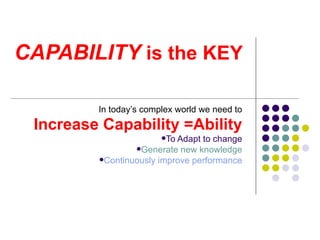 CAPABILITY  is the KEY   In today’s complex world we need to Increase Capability =Ability   To Adapt to change Generate new knowledge Continuously   improve performance 