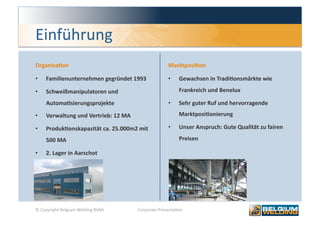 Einführung 
OrganisaFon                                          MarktposiFon 

•    Familienunternehmen gegründet 1993              •    Gewachsen in TradiFonsmärkte wie 

•    Schweißmanipulatoren und                             Frankreich und Benelux 

     AutomaFsierungsprojekte                         •    Sehr guter Ruf und hervorragende 
•    Verwaltung und Vertrieb: 12 MA                       MarktposiFonierung  

•    ProdukFonskapazität ca. 25.000m2 mit            •    Unser Anspruch: Gute Qualität zu fairen 

     500 MA                                               Preisen 

•    2. Lager in Aarschot 




© Copyright Belgium Welding BVBA       Corporate Presenta0on                                     3 
 