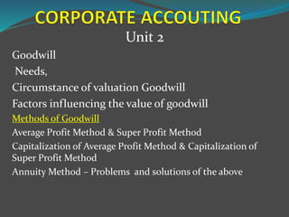 Unit 2
Goodwill
Needs,
Circumstance of valuation Goodwill
Factors influencing the value of goodwill
Methods of Goodwill
Average Profit Method & Super Profit Method
Capitalization of Average Profit Method & Capitalization of
Super Profit Method
Annuity Method – Problems and solutions of the above
 