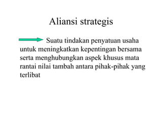 Aliansi strategis 
Suatu tindakan penyatuan usaha 
untuk meningkatkan kepentingan bersama 
serta menghubungkan aspek khusus mata 
rantai nilai tambah antara pihak-pihak yang 
terlibat 
 