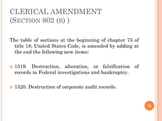 CLERICAL AMENDMENT
(SECTION 802 (B) )

The table of sections at the beginning of chapter 73 of
  title 18, United States Code, is amended by adding at
  the end the following new items:

   1519. Destruction, alteration, or falsification of
    records in Federal investigations and bankruptcy.

   1520. Destruction of corporate audit records.


                                                          12
 