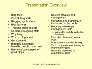 Presentation Overview Blog facts Overall blog stats Blogging applications  Blog features Tracking blogs at large Corporate blogging stats Why blog What to blog about Got Content! Blogging Essentials – benefits, people, time, cost Elements/components of good blogs Content creation and management  Marketing and branding, in-house and to the public Blogs as knowledge management tools Adjunct to portals, websites, intranets Examples of focused, topical blogs More reasons you should blog Tech companies lead the way in corporate blogging News and resources on corporate blogging 