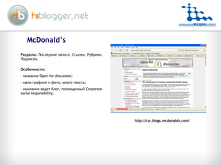 McDonald’s Разделы:  Последние записи, Ссылки, Рубрики, Подписка. Особенности: название  Open for discussion; мало графики и фото, много текста; компания ведет блог, посвященный  Corporate social responsibility.  http://csr.blogs.mcdonalds.com/ 