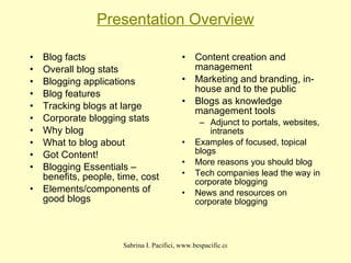 Presentation Overview Blog facts Overall blog stats Blogging applications  Blog features Tracking blogs at large Corporate blogging stats Why blog What to blog about Got Content! Blogging Essentials – benefits, people, time, cost Elements/components of good blogs Content creation and management  Marketing and branding, in-house and to the public Blogs as knowledge management tools Adjunct to portals, websites, intranets Examples of focused, topical blogs More reasons you should blog Tech companies lead the way in corporate blogging News and resources on corporate blogging 