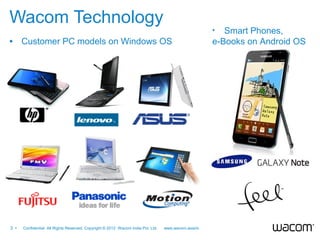 3 • 　 Confidential All Rights Reserved. Copyright © 2012 Wacom India Pvt. Ltd. www.wacom.asia/in
Wacom Technology
• Customer PC models on Windows OS
• Smart Phones,
e-Books on Android OS
 