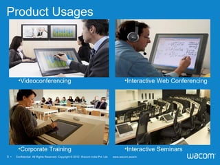 5 • 　 Confidential All Rights Reserved. Copyright © 2012 Wacom India Pvt. Ltd. www.wacom.asia/in
Product Usages
•Videoconferencing •Interactive Web Conferencing
•Corporate Training •Interactive Seminars
 