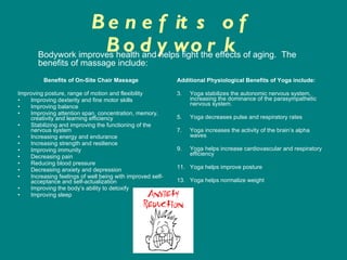 Benefits of Bodywork Benefits of On-Site Chair Massage Improving posture, range of motion and flexibility  Improving dexterity and fine motor skills  Improving balance  Improving attention span, concentration, memory, creativity and learning efficiency  Stabilizing and improving the functioning of the nervous system  Increasing energy and endurance  Increasing strength and resilience Improving immunity Decreasing pain  Reducing blood pressure  Decreasing anxiety and depression  Increasing feelings of well being with improved self-acceptance and self-actualization  Improving the body’s ability to detoxify  Improving sleep  Additional Physiological Benefits of Yoga include:  Yoga stabilizes the autonomic nervous system, increasing the dominance of the parasympathetic nervous system. Yoga decreases pulse and respiratory rates  Yoga increases the activity of the brain’s alpha waves  Yoga helps increase cardiovascular and respiratory efficiency  Yoga helps improve posture  Yoga helps normalize weight  Bodywork improves health and helps fight the effects of aging.  The benefits of massage include: 