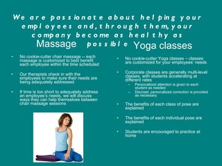 Massage No cookie-cutter chair massage -- each massage is customized to best benefit each employee within the time scheduled Our therapists check in with the employees to make sure their needs are being adequately addressed If time is too short to adequately address an employee’s needs, we will discuss ways they can help themselves between chair massage sessions Yoga classes No cookie-cutter Yoga classes – classes are customized for your employees’ needs Corporate classes are generally multi-level classes, with students accelerating at different rates Personalized attention is given to each student as needed Discreet, personalized correction is provided as necessary The benefits of each class of pose are explained The benefits of each individual pose are explained Students are encouraged to practice at home We are passionate about helping your employees and, through them, your company become as healthy as possible 