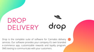 DROP
DELIVERY
Drop is the complete suite of software for Cannabis delivery
services. Our software provides your company it’s own branded
e-commerce app, customizable rewards and loyalty program,
SMS texting to communicate with your customers.
 