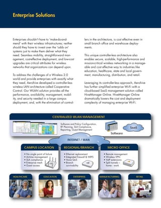 Enterprise Solutions



Enterprises shouldn't have to 'make-do-and-                           lers in the architecture, is cost effective even in
mend' with their wireless infrastructures; neither                    small branch office and warehouse deploy-
should they have to invest over the 'odds on'                         ments.
systems just to make them deliver what they
need. Seamless mobility, straightforward man-                         This unique controller-less architecture also
agement, cost-effective deployment, and low-cost                      enables secure, scalable, high-performance and
upgrades are critical attributes for wireless                         mission-critical wireless networking in a manage-
networks that organizations can depend upon.                          able and cost effective way to industries like
                                                                      education, healthcare, state and local govern-
To address the challenges of a Wireless 2.0                           ment, manufacturing, distribution, and retail.
world and provide enterprises with exactly what
they need, Aerohive developed a controller-less                       Leveraging its controller-less approach, Aerohive
wireless LAN architecture called Cooperative                          has further simplified enterprise Wi-Fi with a
Control. Our WLAN solution provides all the                           cloud-based SaaS management solution called
performance, availability, management, mobil-                         HiveManager Online. HiveManager Online
ity, and security needed in a large campus                            dramatically lowers the cost and deployment
deployment, and, with the elimination of control-                     complexity of managing enterprise Wi-Fi.



                                          CENTRALIZED WLAN MANAGEMENT

                                              Software and Policy Configuration,
                                              RF Planning, SLA Compliance,                                     SaaS
                                              Reporting, Guest Management
                                                                                              Software

                                                      INTERNET / WAN

         CAMPUS LOCATION                         REGIONAL/BRANCH                            MICRO OFFICE

         •   No single point of failure          •   Ethernet replacement              •   Remote management
         •   Airtime management                  •   Integrated firewall & WIPS        •   Wireless VPN
         •   SLA compliance                      •   Voice QoS                         •   VoIP extensions
         •   Enterprise mesh                     •   Branch                            •   Split tunnels –
         •   Guest access                            survivability                         home : work



HEALTHCARE                    EDUCATION                    ENTERPRISE              MANUFACTURING                   RETAIL
 