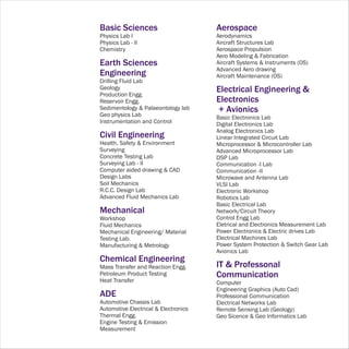 Basic Sciences                        Aerospace
Physics Lab I                         Aerodynamics
Physics Lab - II                      Aircraft Structures Lab
Chemistry                             Aerospace Propulsion
                                      Aero Modeling & Fabrication
Earth Sciences                        Aircraft Systems & Instruments (OS)
                                      Advanced Aero drawing
Engineering                           Aircraft Maintenance (OS)
Drilling Fluid Lab
Geology                               Electrical Engineering &
Production Engg.
Reservoir Engg.                       Electronics
Sedimentology & Palaeontology lab     + Avionics
Geo physics Lab                       Basic Electronics Lab
Instrumentation and Control           Digital Electronics Lab
                                      Analog Electronics Lab
Civil Engineering                     Linear Integrated Circuit Lab
Health, Safety & Environment          Microprocessor & Microcontroller Lab
Surveying                             Advanced Microprocessor Lab
Concrete Testing Lab                  DSP Lab
Surveying Lab - II                    Communication -I Lab
Computer aided drawing & CAD          Communication -II
Design Labs                           Microwave and Antenna Lab
Soil Mechanics                        VLSI Lab
R.C.C. Design Lab                     Electronic Workshop
Advanced Fluid Mechanics Lab          Robotics Lab
                                      Basic Electrical Lab
Mechanical                            Network/Circuit Theory
Workshop                              Control Engg Lab
Fluid Mechanics                       Eletrical and Electronics Measurement Lab
Mechanical Engineering/ Material      Power Electronics & Electric drives Lab
Testing Lab.                          Electrical Machines Lab
Manufacturing & Metrology             Power System Protection & Switch Gear Lab
                                      Avionics Lab
Chemical Engineering
Mass Transfer and Reaction Engg.      IT & Professonal
Petroleum Product Testing             Communication
Heat Transfer                         Computer
                                      Engineering Graphics (Auto Cad)
ADE                                   Professional Communication
Automotive Chassis Lab                Electrical Networks Lab
Automotive Electrical & Electronics   Remote Sensing Lab (Geology)
Thermal Engg.                         Geo Sicence & Geo Informatics Lab
Engine Testing & Emission
Measurement
 