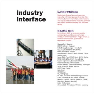 Industry    Summer Internship
            Students undergo a two month summer
            internship in the companies relevant to their

Interface   domains. Summer internships are mandatory
            and is pursued by students under the guidance
            of a mentor from the company and also their
            faculty.



            Industrial Tours
            Lorem ipsum dolor sit amet, consectetur
            adipisicing elit, sed do eiusmod tempor
            incididunt ut labore et dolore magna aliqua. Ut
            enim ad minim veniam, quis nostrud
            exercitation ullamco

            Mundra Port- Gujarat,
            ESSAR Refinery - Gujarat
            India Energy Exchange – New Delhi
            IOCL, Koyali, Petronet LNG, Dahej
            ONGC Workshop, Baroda
            Ahmadabad – Amul & Cadila Pharma, Future
            Supply Chain
            Surat- GMB Port, ESSAR Steel, SHELL Hazira,
            BPCL Bottling Plant, L&T Heavy Engg.
            Sealan Exploration, Bakrol, Institute of
            Reservoir Studies, Ahmadabad
            ESSAR Refinery & Reliance Refinery, Jamnagar
            Super Scientific Works, Baroda
            IOGPT, New Panvel
            GAIL, Usar
            ONGC, Uran
            RIL, Patalganga
            Oil India, Jaisalmer & CAIRN Energy, Badmer
            NTPC Faridabad & Tata Power, Trombay ,
            Reliance Dahanu Thermal Power St., Thane,
            Crompton Greaves, Mumbai)
            Delhi- T3 Terminal
            Ahmadabad –Ahmadabad Aviation Academy
 