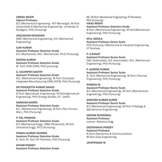 UMESH WAZIR                                               BE, M.Tech Mechanical Engineering, IIT Roorkee),
Adjunct Professor                                         PhD (Pursuing)
B.E (Mechanical Engineering - NIT Warrangal), M.Tech      VIKAS MISRA
(Automobile & Mechanical Engineering - University of      Assistant Professor Selection Grade
Stuttgart), PhD (Pursuing)                                B.Tech (Mechanical Engineering), M.Tech(Mechanical
                                                          Engineering), PhD (Pursuing)
VASUDEVAN KESHAVAN
DME (Mechanical Engineering), B.E (Mechanical             ATUL SIDOLA
Engineering)                                              Assistant Professor Senior Scale
                                                          PhD (Pursuing ) Mechanical & Industrial Engineering,
AJAY KUMAR                                                IIT Roorkee.
Assistant Professor Selection Grade
B.E (Mechanical), M.E. (Mechanical), Ph.D (Pursuing)      P. S.RANJIT
                                                          Assistant Professor Senior Scale
DEEPAK KUMAR                                              DAE (Automobile), B.E (Automobile), M.E. (Mechanical
Assistant Professor Selection Grade                       Engineering), PhD (Pursuing)
M. Tech (CAD/CAM), PhD (pursuing)
                                                          P. SURESH KUMAR
G. GOURIPATI SASTRY                                       Assistant Professor Senior Scale
Assistant Professor Selection Grade                       B. Tech (Mechanical Engineering), M.Tech (Thermal
B.E. (Mechanical Engineering), M.Tech (Computer           Engineering), PhD (Pursuing)
Integrated Manufacturing [CIM] )NITW, PhD (Pursuing)
                                                          RAMESH M.
DR PRADEEPTA KUMAR SAHOO                                  Assistant Professor Senior Scale
Assistant Professor Selection Grade                       B.E (Mechanical Engineering), M.Tech (Maintenance
B.Tech (Agricultural .Engineering), M.Tech(Agricultural   Engineering), PhD (Pursuing)
Engineering), PhD (Energy Studies, IIT –Delhi)
                                                          SANTOSH KUMAR KURRE
NARAYAN KHATRI                                            Assistant Professor Senior Scale
Assistant Professor Selection Grade                       B.E (Mechanical Engineering), M.Tech (Tribology &
B.E. (Mechanical Engineering), M.Tech (Non Ferrous        Maintenance Engineering)
Met.), PhD (Pursuing)
                                                          DEEPAK BHARDWAJ
P. PAL PANDIAN                                            Assistant Professor
Assistant Professor Selection Grade                       oushan Robotics Engg
B.E (Mechanical Engg.), MBA (Personnel), M.Tech
(Industrial Engg), Ph.D (Pursuing)                        DEEPSHIKHA PANDEY
                                                          Assistant Professor
PANKAJ KUMAR SHARMA                                       B.Tech (Electronics & Communication),
Assistant Professor Selection Grade                       M.Tech (Gas Engineering)
B. Tech, M. Tech (IIT Roorkee), PhD (Pursuing)
                                                          JAYAPRASAD M.
SHYAM PANDEY
Assistant Professor Selection Grade
 