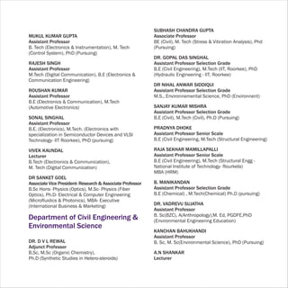 SUBHASH CHANDRA GUPTA
MUKUL KUMAR GUPTA                                          Associate Professor
Assistant Professor                                        BE (Civil), M. Tech (Stress & Vibration Analysis), Phd
B. Tech (Electronics & Instrumentation), M. Tech           (Pursuing)
(Control System), PhD (Pursuing)
                                                           DR. GOPAL DAS SINGHAL
RAJESH SINGH                                               Assistant Professor Selection Grade
Assistant Professor                                        B.E (Civil Engineering), M.Tech (IIT, Roorkee), PhD
M.Tech (Digital Communication), B.E (Electronics &         (Hydraulic Engineering - IIT, Roorkee)
Communication Engineering)
                                                           DR NIHAL ANWAR SIDDIQUI
ROUSHAN KUMAR                                              Assistant Professor Selection Grade
Assistant Professor                                        M.S., Environnemental Science, PhD (Environnent)
B.E (Electronics & Communication), M.Tech
(Automotive Electronics)                                   SANJAY KUMAR MISHRA
                                                           Assistant Professor Selection Grade
SONAL SINGHAL                                              B.E (Civil), M.Tech (Civil), Ph.D (Pursuing)
Assistant Professor
B.E. (Electronics), M.Tech. (Electronics with              PRADNYA DHOKE
specialization in Semiconductor Devices and VLSI           Assistant Professor Senior Scale
Technology- IIT Roorkee), PhD (pursuing)                   B.E (Civil Engineering, M.Tech (Structural Engineering)

VIVEK KAUNDAL                                              RAJA SEKHAR MAMILLAPALLI
Lecturer                                                   Assistant Professor Senior Scale
B.Tech (Electronics & Communication),                      B.E (Civil Engineering), M.Tech (Structural Engg -
M. Tech (Digital Communication)                            National Institute of Technology- Rourkela)
                                                           MBA (HRM)
DR SANKET GOEL
Associate Vice President- Research & Associate Professor   B. MANIKANDAN
B.Sc Hons- Physics (Optics), M.Sc- Physics (Fiber          Assistant Professor Selection Grade
Optics), Ph.D- Electrical & Computer Engineering           B.E (Chemical) , M.Tech(Chemical) Ph.D (pursuing)
(Microfluidics & Photonics), MBA- Executive
(International Business & Marketing)                       DR. VADREVU SUJATHA
                                                           Assistant Professor
                                                           B. Sc(BZC), A(Anthropology),M. Ed, PGDFE,PhD
Department of Civil Engineering &                          (Environmental Engineering Education)
Environmental Science
                                                           KANCHAN BAHUKHANDI
                                                           Assistant Professor
DR. D V L REWAL                                            B. Sc, M. Sc(Environmental Science), PhD (Pursuing)
Adjunct Professor
B.Sc, M.Sc (Organic Chemistry),                            A.N SHANKAR
Ph.D (Synthetic Studies in Hetero-steroids)                Lecturer
 