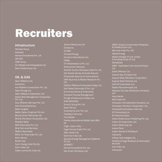 Recruiters
Infrastructure                        Canoro Resources Ltd.                       GEPIL (Gujarat Environment Protection
                                      Centaurus                                   & Infrastructure Ltd.)
Abhijeet Group
                                      CII GBC                                     Glencore India Pvt. Ltd.
Assotech
                                      Concord Energy                              Global Energy
Gensol Consultants Pvt. Ltd
                                      Corrtech International Ltd.                 Global InfraSys (P) Ltd. & Asia
GIS ACG                                                                           Consulting Group (P) Ltd.
                                      CRISIL
KMC Group                                                                         GlobalData
                                      CTI Shipbrokers (I) Pvt. Ltd.
Om Metals and Infraprojects Ltd.                                                  GMR - Hyderabad International Airport
                                      Datamonitor Ventures
Sew Infrastructure Ltd.                                                           Ltd.
                                      Deloitte Touche Tohmatsu India Pvt. Ltd.
                                                                                  Great Offshore Ltd.
                                      Det Norske Veritas AS (India Branch)
                                                                                  Gujarat Gas Company Ltd.
OIL & GAS                             Directorate General of Hydrocarbons
                                                                                  Gujarat State Petroleum Corporation
                                      DMV Business & Market Research Pvt.
Aban Offshore Ltd.                                                                Gujarat State Petronet Ltd.
                                      Ltd.
Accenture                                                                         Gulf Oil Corporation Ltd.
                                      Dolphin Offshore Enterprises (India) Ltd.
Ace Pipeline Construction Pvt. Ltd.                                               Haldia Petrochemicals Ltd.
                                      Dorf Ketal Chemicals (I) Pvt. Ltd.
Adani Energy Ltd.                                                                 Haryana City Gas Distribution Company
                                      Dunnimaa Divers & Enterprises
Adani Welspun Exploration Ltd.                                                    Ltd.
                                      Emerson Process Management
Aditya Birla Management Corporation                                               Hero Honda
                                      Energy Infrastructure (India) Ltd.
Pvt. Ltd.                                                                         HILTI India Pvt
                                      ERM SERVICES
Arya Offshore Services Pvt. Ltd.                                                  Hindustan Oil Exploration Company Ltd.
                                      Ernst & Young Pvt. Ltd.
Asia Consulting Group                                                             Hindustan Petroleum Corporation Ltd.
                                      Essar Oil Ltd.
Baker Hughes                                                                      Honeywell Automation India Ltd.
                                      Evalueserve.com Pvt. Ltd.
Better Option Propmart Pvt.Ltd                                                    ICF Consulting Ltd.
                                      Feedback Ventures
Bharat Oman Refineries Ltd.                                                       IG Petrochemicals
                                      First Global
Bharat Petroleum Corporation Ltd.                                                 India Infrastructure Publishing Pvt. Ltd.
                                      Franks International Middle East (BVI)
Bhaskar Sales                                                                     Indian Oil Corporation Ltd.
                                      ltd
BHG Associates Pvt. Ltd.                                                          Indian Oiltanking Ltd.
                                      Fugro- Jason India.
Birla Technical Services                                                          Indian Petro
                                      Fugro Survey (India) Pvt. Ltd.
BMR & Associates                                                                  Indian School of Petroleum
                                      GAIL (India) Ltd.
BOTIL Oil Tools India Pvt. Ltd.                                                   Indorama
                                      Gammon India Ltd.
Brisk Marine                                                                      Infosys Technologies Ltd.
                                      General Energy-Management Systems
British Gas                           (P) Ltd.                                    Infraline Energy Research & Information
Cairn Energy India Pty Ltd.           GENPACT                                     Services
Cairn India Ltd.                      Gensol Consultants Pvt. Ltd                 Inox India Ltd.
Caltex Lubricants India Ltd.          Geo Enpro Petroleum Ltd.                    Interocean
 
