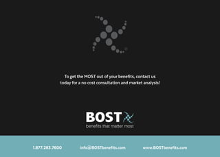 To get the MOST out of your benefits, contact us
today for a no cost consultation and market analysis!
1.877.283.7600 info@BOSTbenefits.com www.BOSTbenefits.com
 