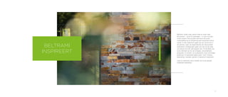 27
Beltrami zoekt mee, denkt mee en kiest mee.
Elk project – privé of openbaar – is voor ons een
uniek project. Een project dat door de juiste
materiaalkeuze en afwerking een blijvende indruk
nalaat. In die zoektocht gaan we ver. Soms tot in
de groeve, waar we eigenhandig de natuursteen
selecteren. Uitdagingen gaan we niet uit de weg,
we nemen ze met veel plezier aan. Zo drukken we
onze stempel op tal van knappe, uitzonderlijke
projecten. In binnen- en buitenland. Voor woningen,
bedrijven of openbare gebouwen. Voor vloeren,
bestrating, wanden, gevels of absoluut maatwerk.
Laat je inspireren door enkele van onze spraak-
makende realisaties.
BELTRAMI
INSPIREERT
 