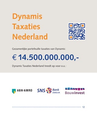 Dynamis
Taxaties
Nederland
Gezamenlijke portefeuille taxaties van Dynamis:



€ 14.500.000.000,-
Dynamis Taxaties Nederland treedt op voor o.a.:




                                   Bank
                                   ZAKELIJK




                                                  12
 