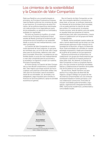 Los cimientos de la sostenibilidad
	                       y la Creación de Valor Compartido
                         Dado que Nestlé es una compañía basada en                   Pero la Creación de Valor Compartido va más
                         principios, los Principios Corporativos Empresa-         allá. Una compañía identifica a conciencia sus
                         riales de Nestlé conforman los cimientos de todo         áreas clave, en las que: a) confluyen claramente
                         lo que hacemos. El cumplimiento de estos Prin-           los intereses de los accionistas y de la sociedad,
                         cipios y de las políticas específicas relacionadas       y b) se puede optimizar la creación de valor
                         con cada principio no es negociable por parte            para ambos. En consecuencia, la empresa
                         de los empleados y su aplicación es controlada y         invierte recursos, tanto de talento como de capital,
                         auditada con regularidad.                                en aquellas áreas que presentan el máximo
                            Tal como se muestra en el gráfico, el cumpli-         potencial para crear valor conjuntamente, y busca
                         miento de los Principios Corporativos Empre­             actuar en colaboración con los grupos de interés
                         sariales de Nestlé constituye el fundamento del          correspondientes.
                         compromiso de la Compañía en ser sostenible                 En Nestlé, hemos analizado nuestra cadena de
                         desde un punto de vista medioambiental y crear           valor y hemos determinado que las áreas con más
                         valor compartido.                                        potencial para optimizar el valor conjunto con la
                            La Creación de Valor Compartido es nuestro            sociedad son la Nutrición, el Agua y el Desarrollo
                         modo elemental de hacer negocios, lo que pone            Rural. Estas actividades son centrales en nuestra
                         de manifiesto que, con el fin de crear valor a largo     estrategia empresarial y vitales para el bienestar
                         plazo para los accionistas, debemos crear valor          de la gente de los países en los que operamos.
                         para la sociedad. Ahora bien, no podemos ser sos-           Buscamos activamente el compromiso y la
                         tenibles desde un punto de vista medioambiental          colaboración con grupos de interés externos que
                         o crear valor compartido para los accionistas y          contribuyan a optimizar el impacto positivo en
                         la sociedad si no logramos cumplir con nuestros          estas áreas clave. No obstante, la Creación de
                         Principios Empresariales.                                Valor Compartido no tiene un propósito filantró-
                            Al mismo tiempo, la Creación de Valor Compar-         pico, sino que consiste en promover actividades
                         tido va más allá del cumplimiento y la sostenibili-      básicas y colaboraciones en beneficio de la pobla-
                         dad. Todo negocio que tenga vocación de futuro           ción de los países en los que operamos.
                         y aplique unas prácticas comerciales sólidas crea           De esta forma, Nestlé mantiene una pers­
                         valor para los accionistas y para la sociedad a          pectiva muy a largo plazo de desarrollo del
                         través de sus actividades; así, da empleo a los          negocio y acoge el diálogo con grupos de inte-
                         trabajadores, paga impuestos para contribuir a           rés externos comprometidos con una conducta
                         financiar los servicios públicos y apoya la actividad    empresarial basada en fuertes principios y con
                         económica en general.                                    una colaboración constructiva. Entre ellos se
                                                                                  incluyen autoridades gubernamentales y regu-
                                                                                  ladoras, organizaciones intergubernamentales,
                                                                                  ONG, instituciones académicas y profesionales y
                                                                                  comunidades locales.




                                               Creación de
                                             Valor Compartido
                                              Nutrición, agua,
                                               desarrollo rural



                                               Sostenibilidad
                                              Proteger el futuro


                                                Cumplimiento
                                                    con los
                               Principios Corporativos Empresariales de Nestlé,
                                          leyes, códigos de conducta



Principios Corporativos Empresariales de Nestlé                                                                                     5
 