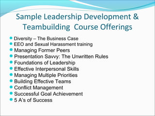Sample Leadership Development &
Teambuilding Course Offerings
Diversity – The Business Case
EEO and Sexual Harassment training
Managing Former Peers
Presentation Savvy: The Unwritten Rules
Foundations of Leadership
Effective Interpersonal Skills
Managing Multiple Priorities
Building Effective Teams
Conflict Management
Successful Goal Achievement
5 A’s of Success
 