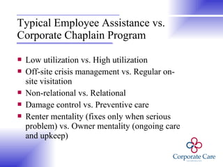 Typical Employee Assistance vs.  Corporate Chaplain Program Low utilization vs.   High utilization Off-site crisis management vs. Regular on-site visitation Non-relational vs. Relational Damage control vs. Preventive care Renter mentality (fixes only when serious problem) vs. Owner mentality (ongoing care and upkeep) 