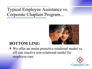 Typical Employee Assistance vs. Corporate Chaplain Program... BOTTOM LINE: We offer an onsite proactive relational model vs. off-site reactive non-relational model for employee care 