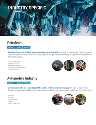 Automotive Industry is a course designed for workers in the motor vehicle industry who want to improve their
English communication skills in topics such as engines, chassis and transmissions, bodies, and electrical systems.
Beginner
Automotive Industry
10 units 40 videos
• Engines
• Chassis
• Transmissions
• Bodies
• Electrical systems
Petroleum is a course designed for petroleum industry professionals who want to improve their English communi-
cation on topics including jobs in the industry, types of oil rigs, petroleum mapping, oil rig mechanical systems and
the drilling process.
Beginner
Petroleum
10 units 40 videos
• Jobs in the industry
• Types of oil rigs
• Petroleum mapping
• Oil rig mechanical systems
• Drilling process
INDUSTRY SPECIFIC
 