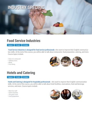 Hotels and Catering is designed for hospitality professionals who want to improve their English communication
skills. At the end of this course, you will be able to talk about hotel facilities, reservations, food and beverage
services, and more. Course topics include:
Beginner
Hotels and Catering
15 units 30 videos
• Meet Our staff
• Hotel amenities
• The guest room
• Food preparation
Food Service Industries is designed for food service professionals who want to improve their English communica-
tion skills. At the end of this course, you will be able to talk about restaurants, food preparation, catering, and more.
Course topics include:
Beginner
Food Service Industries
15 units 30 videos
• Parts of a restaurant
• Tabletop items
• Meals
• Fine dining
INDUSTRY SPECIFIC
 