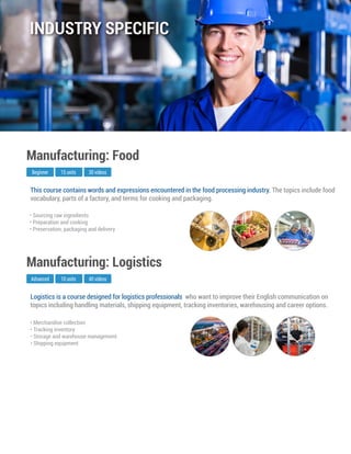 Logistics is a course designed for logistics professionals who want to improve their English communication on
topics including handling materials, shipping equipment, tracking inventories, warehousing and career options.
Advanced
Manufacturing: Logistics
10 units 40 videos
• Merchandise collection
• Tracking inventory
• Storage and warehouse management
• Shipping equipment
This course contains words and expressions encountered in the food processing industry. The topics include food
vocabulary, parts of a factory, and terms for cooking and packaging.
Beginner
Manufacturing: Food
15 units 30 videos
• Sourcing raw ingredients
• Preparation and cooking
• Preservation, packaging and delivery
INDUSTRY SPECIFIC
 