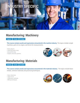 This course contains words and expressions encountered in the materials industry. The topics include basic
metals, common materials and processing techniques.
Advanced
Manufacturing: Materials
10 units 40 videos
• Basic chemistry
• Types of ore
• Exploration methods
• Mining techniques
This course contains words and expressions encountered in the machine industry. The topics include simple
machines, parts of an engine, and terms for measurements.
Beginner
Manufacturing: Machinery
15 units 30 videos
• Basic physics
• Hand and power tools
• Around the shop
• Engines and auto systems
INDUSTRY SPECIFIC
 