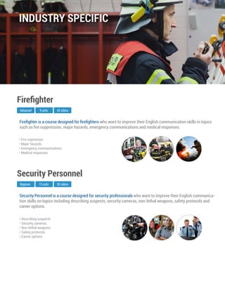 Security Personnel is a course designed for security professionals who want to improve their English communica-
tion skills on topics including describing suspects, security cameras, non-lethal weapons, safety protocols and
career options.
Beginner
Security Personnel
15 units 30 videos
• Describing suspects
• Security cameras
• Non-lethal weapons
• Safety protocols
• Career options
Fireﬁghter is a course designed for ﬁreﬁghters who want to improve their English communication skills in topics
such as ﬁre suppression, major hazards, emergency communications and medical responses.
Advanced
Fireﬁghter
9 units 45 videos
• Fire supression
• Major hazards
• Emergency communications
• Medical responses
INDUSTRY SPECIFIC
 