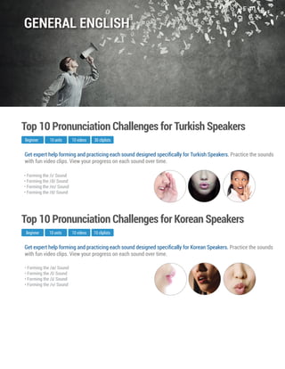 Get expert help forming and practicing each sound designed speciﬁcally for Korean Speakers. Practice the sounds
with fun video clips. View your progress on each sound over time.
Beginner
Top 10 Pronunciation Challenges for Korean Speakers
10 units 10 videos
• Forming the /Ә/ Sound
• Forming the /l/ Sound
• Forming the / / Sound
• Forming the /v/ Sound
10 cliplists
r
Get expert help forming and practicing each sound designed speciﬁcally for Turkish Speakers. Practice the sounds
with fun video clips. View your progress on each sound over time.
Beginner
Top 10 Pronunciation Challenges for Turkish Speakers
10 units 10 videos
• Forming the /i/ Sound
• Forming the /ð/ Sound
• Forming the /eI/ Sound
• Forming the /d/ Sound
30 cliplists
GENERAL ENGLISH
 