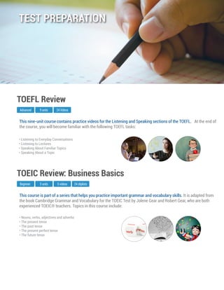 This course is part of a series that helps you practice important grammar and vocabulary skills. It is adapted from
the book Cambridge Grammar and Vocabulary for the TOEIC Test by Jolene Gear and Robert Gear, who are both
experienced TOEIC® teachers. Topics in this course include:
Beginner
TOEIC Review: Business Basics
5 units 5 videos
• Nouns, verbs, adjectives and adverbs
• The present tense
• The past tense
• The present perfect tense
• The future tense
24 cliplists
This nine-unit course contains practice videos for the Listening and Speaking sections of the TOEFL. At the end of
the course, you will become familiar with the following TOEFL tasks:
Advanced
TOEFL Review
9 units 24 Videos
• Listening to Everyday Conversations
• Listening to Lectures
• Speaking About Familiar Topics
• Speaking About a Topic
TEST PREPARATION
 