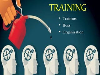 TRAINING
• Trainees
• Boss
• Organisation
 