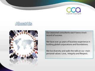 Our seasoned consultants each have a track
record of success.

We have over 30 years of business experience in
building global corporations and foundations.

We live diversity and walk-the-talk on our main
personal values: Love, Integrity and Respect.
 