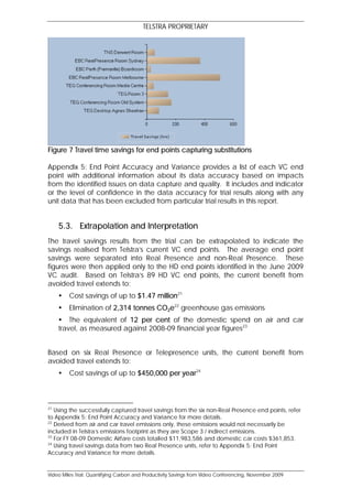 TELSTRA PROPRIETARY




Figure 7 Travel time savings for end points capturing substitutions

Appendix 5: End Point Accuracy and Variance provides a list of each VC end
point with additional information about its data accuracy based on impacts
from the identified issues on data capture and quality. It includes and indicator
or the level of confidence in the data accuracy for trial results along with any
unit data that has been excluded from particular trial results in this report.


     5.3. Extrapolation and Interpretation
The travel savings results from the trial can be extrapolated to indicate the
savings realised from Telstra’s current VC end points. The average end point
savings were separated into Real Presence and non-Real Presence. These
figures were then applied only to the HD end points identified in the June 2009
VC audit. Based on Telstra’s 89 HD VC end points, the current benefit from
avoided travel extends to:
        Cost savings of up to $1.47 million21
        Elimination of 2,314 tonnes CO2e22 greenhouse gas emissions
      The equivalent of 12 per cent of the domestic spend on air and car
     travel, as measured against 2008-09 financial year figures23


Based on six Real Presence or Telepresence units, the current benefit from
avoided travel extends to:
        Cost savings of up to $450,000 per year24



21
   Using the successfully captured travel savings from the six non-Real Presence end points, refer
to Appendix 5: End Point Accuracy and Variance for more details.
22
   Derived from air and car travel emissions only, these emissions would not necessarily be
included in Telstra’s emissions footprint as they are Scope 3 / indirect emissions.
23
   For FY 08-09 Domestic Airfare costs totalled $11,983,586 and domestic car costs $361,853.
24
   Using travel savings data from two Real Presence units, refer to Appendix 5: End Point
Accuracy and Variance for more details.


Video Miles Trial: Quantifying Carbon and Productivity Savings from Video Conferencing, November 2009
 