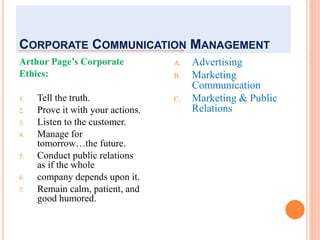 CORPORATE COMMUNICATION MANAGEMENT
Arthur Page’s Corporate
Ethics:
1. Tell the truth.
2. Prove it with your actions.
3. Listen to the customer.
4. Manage for
tomorrow…the future.
5. Conduct public relations
as if the whole
6. company depends upon it.
7. Remain calm, patient, and
good humored.
A. Advertising
B. Marketing
Communication
C. Marketing & Public
Relations
 