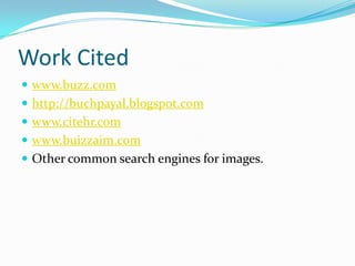 Work Cited
 www.buzz.com
 http://buchpayal.blogspot.com
 www.citehr.com
 www.buizzaim.com
 Other common search engines for images.
 