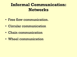 Informal Communication:
Networks
• Free flow communication.
• Circular communication
• Chain communication
• Wheel communication
 