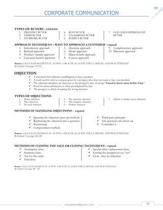 CORPORATE COMMUNICATION 
rmmakaha@gmail.com 99 
9999 
TYPES OF BUYERS - EXPAND 
1. FRIENDLY BUYER 
2. TIMID BUYER 
3. STUBBORN BUYER 
4. BUSY BUYER 
5. TALKERTIVE BUYER 
6. POMPUS BUYER 
7. OLD AND EXPERIENCED 
BUYER 
APPROACH TECHNIQUES – WAYS TO APPROACH A CUSTOMER - expand 
1. Introductory approach 
2. Referral approach 
3. Product/ sample approach 
4. Customer benefit approach 
5. Question approach 
6. Shock approach 
7. Major benefit approach 
8. Curious approach 
9. Complimentary approach 
10. Dramatic approach 
Source: SALES MANAGEMENT IN ACTION A PRACTICAL GUIDE FOR LEARNERS AND PRACTITIONERS 
By Gerhard Visser page 119-121 
OBJECTION 
 A statement that indicates unwillingness to buy a product. 
 A word used to refer to a reason given by a prospect who does not want to buy your product. 
 The salesman interprets an objection as the prospect’s way of saying “I need to know more before I buy” 
 Need for more information is often accompanied by fear 
 The prospect is afraid of making the wrong decision 
TYPES OF OBJECTIONS 
1. Money objection 
2. Price objection 
3. No need objection 
4. The salesman objection 
5. The company objection 
6. Product objection 
7. Hidden or smoke screen objection 
METHODS OF HANDLING OBJECTIONS - expand 
 Ignoring the objection (pass up method) 
 Rephrasing the objection into a question 
 Boomerang 
 Compensation method 
 Third party principle 
 Ask questions ask about use 
 Contradict it 
Source: SALES MANAGEMENT IN ACTION A PRACTICAL GUIDE FOR LEARNERS AND PRACTITIONERS 
By Gerhard Visser page 126-128 
METHODS OF CLOSING THE SALE OR CLOSING TECHNIQUES - expand 
 Assumptive close 
 Summary close 
 Ask for the order 
 Trial close 
 Special offer/ inducement close 
 Getting the prospect to say “yes” 
 Close after an objection 
Source: SALES MANAGEMENT IN ACTION A PRACTICAL GUIDE FOR LEARNERS AND PRACTITIONERS 
By Gerhard Visser page 128 - 132 
 