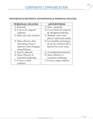 CORPORATE COMMUNICATION 
rmmakaha@gmail.com 106 
110066 
DIFFERENCES BETWEEN ADVERTISING  PERSONAL SELLING. 
PERSONAL SELLING ADVERTISING 
1) Personal. 1) Non – personal. 
2) Covers the targeted 
audience. 
2) Covers both the targeted 
 untargeted audience. 
3) Sales rep is the medium. 3) Medium varies from 
print to electronic media. 
4) More effective than 
advertising if buyer 
opinions need changing 
using dialogue. 
4) Is essentially monologue 
 can be switched off or 
ignored far more easily. 
5) Can be adjusted. 5) A standard presentation. 
6) More effective in 
industrial marketing. 
6) More effective in 
consumer marketing. 
7) Covers a small 
audience. 
7) Covers a large audience. 
 