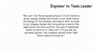 "We can't do this proposed project. It will involve a
major design change and no one in our team knows
the design of this system. And above that, no body
in our company knows the formulation in which this
application has been written. So even if somebody
wants to work on it, they can't. If you ask my
personal opinion, the company should never take
these types of projects."
Engineer to Team Leader
 