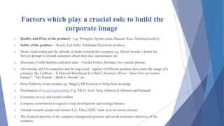 Factors which play a crucial role to build the
corporate image
 Quality and Price of the products – e.g. Wrangler, Spykar jeans, Basmati Rice, Tanishq Jewellery.
 Safety of the product: – Bosch, Led bulbs, Schlender Electricals products.
 Dealer relationship and the attitude of dealer towards the company e.g. Maruti Suzuki’s dealer Sai
Service prompt to remind customers about their due, maintenance etc.
 Discounts, Credit facilities and after sales – Eureka Forbes, Reliance Jio’s mobile phones
 Advertising and Ad companies and the logo used – tagline of different products also create the image of a
company like Cadbury – Is Deewali Khushiyan Le Chelo”, Domino’s Pizza – Apne bola aur humne
banaya”, “Tata Namak – Desh ka Namak” etc.
 Press Publicity of any product eg. Maggi’s PR Exercise to bring back its image
 Discharging of social responsibility E.g. P& G, Ariel, Surg, Johnson & Johnson and Patanjali.
 Consumer service and people welfare
 Company contribution in regard to rural development and ecology balance
 Attitude towards people and masses E.G. Uber, HDFC bank seva for senior citizens
 The financial position of the company management practice and social economic objectives of the
company.
 