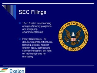 SEC Filings
 10-K: Exelon is sponsoring
   energy efficiency programs
   and mitigating
   environmental risks

 Proxy Statements: 20
   directors represent financial,
   banking, utilities, nuclear
   energy, legal, political and
   science industries, but light
   on technology and no
   marketing
 