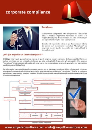 corporate compliance
Compliance
La reforma
2015
responsabilidad
sus representantes
EntreEntre
de control
empresas
atenuada
¿Por qué implantar un sistema compliance?
El Código Penal regula que es la única manera de que la empresa
delitos cometidos por sus empleados, indicando que sólo será
“compliance” implantados son adecuados a la empresa, se han
establecidos en el Código Penal.
Por ello, resulta imprescindible que las empresas cuenten con
programa efectivo de cumplimiento de la normativa penal, también
esencial para las empresas, porque si está bien definido, implementado
la responsabilidad penal".
Evaluación
Identificaciónlas actividades en cuyo ámbito puedan ser cometidos los delitos
que deben ser prevenidos.
Evaluaciónde los riesgos de incumplimiento
www.ampellconsultores.com –
Definir política
COMPLIANCE
Establecer procedimientosde
control
Los procedimientospueden ser documentos, metodologías, elementos de control
Definir código ético
Establecer criterios éticos (pagos de facilitación,regalos, pagos paraísos fiscales,
Definir canal de denuncias
Definir sistema disciplinario
Implementar
Realizar controles
establecidos
Analizar denuncias Auditar
Revisar sistema
Definir Función COMPLIANCE
Modificarsistema
Esquema modelo compliance
compliance
Compliance
reforma del Código Penal entró en vigor el día 1 de Julio de
e introduce importantes novedades en cuanto a la
responsabilidad penal de las empresas por actos cometidos por
representantes legales o por sus empleados.
los más importantes está la de que disponer de un sistemalos más importantes está la de que disponer de un sistema
control del cumplimiento normativo “Compliance” las
empresas pueden quedar exoneradas de responsabilidad o
atenuada la pena.
empresa puedan exonerarse de Responsabilidad Penal por
será aplicable la exención y/o atenuación si los sistemas
han implantado correctamente y cumplen con los requisitos
con un plan de prevención de delitos o, lo que es lo mismo, un
también conocido como “compliance”. "Diseñar un modelo es
implementado y gestionado puede suponer su exoneración de
las actividades en cuyo ámbito puedan ser cometidos los delitos
que deben ser prevenidos.
Evaluaciónde los riesgos de incumplimiento
– info@ampellconsultores.com
Los procedimientospueden ser documentos, metodologías, elementos de control
Establecer criterios éticos (pagos de facilitación,regalos, pagos paraísos fiscales,
etc.
Definir canal de denuncias
Definir sistema disciplinario
Auditar InformeCOMPLIANCE
compliance
 