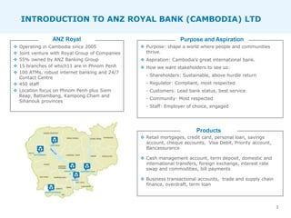INTRODUCTION TO ANZ ROYAL BANK (CAMBODIA) LTD
3
 Operating in Cambodia since 2005
 Joint venture with Royal Group of Com...